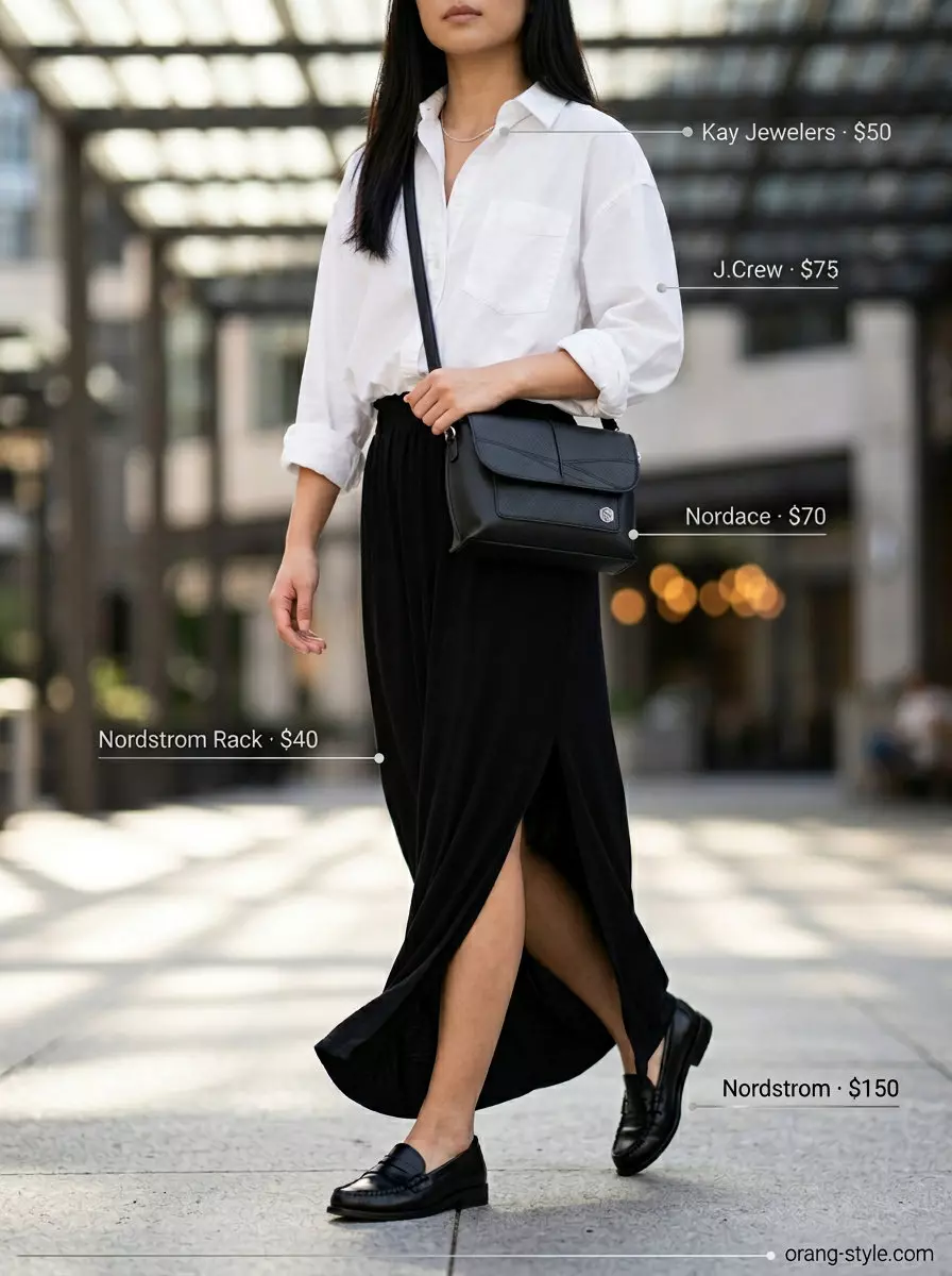 What to Wear with Maxi Skirt Summer 2026: Black maxi skirt with crisp white shirt, loafers & crossbody for city chic.