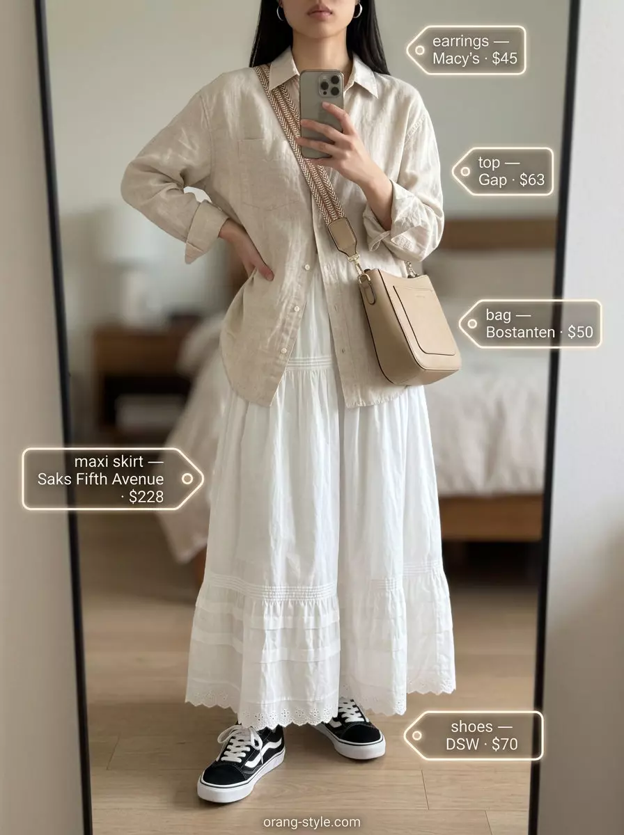 What to Wear with Maxi Skirt Summer 2026: Casual denim maxi skirt with linen shirt & sneakers for weekend exploring.