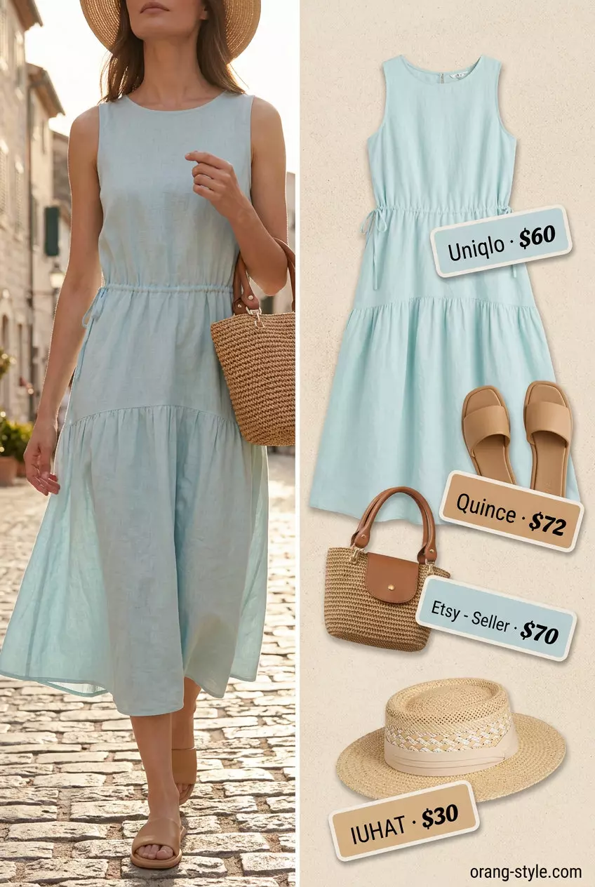 What to Wear with Midi Dress Summer 2026: Sky blue midi dress, tan slides, straw tote, and hat for beach vacation.