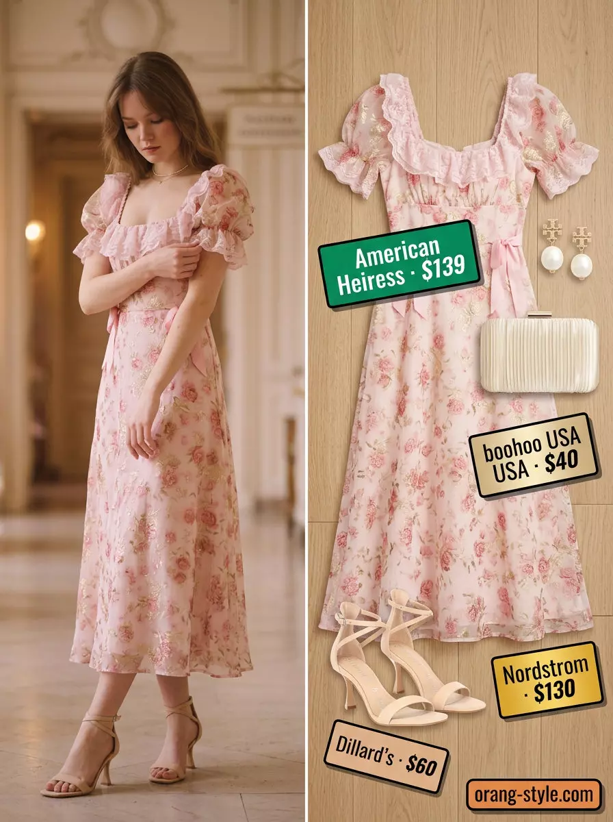 What to Wear with Midi Dress Summer 2026: Blush pink embroidered midi dress, pearl earrings & nude heels.