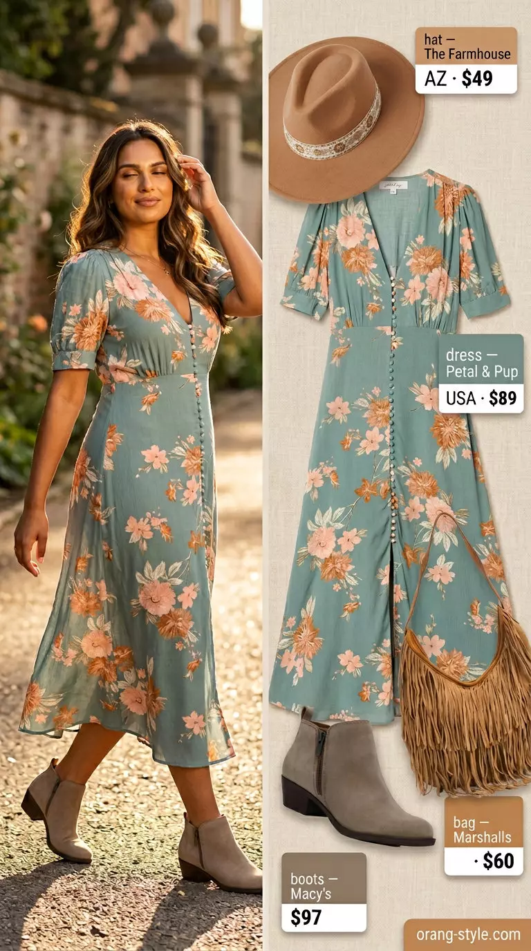 What to Wear with Midi Dress Summer 2026: Boho midi dress, suede boots & wide brim hat for festivals.