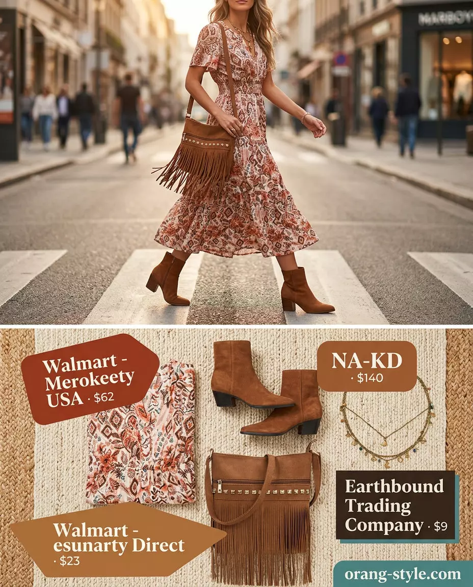 What to Wear with Midi Dress Summer 2026: Boho floral midi dress, suede boots & fringed bag.