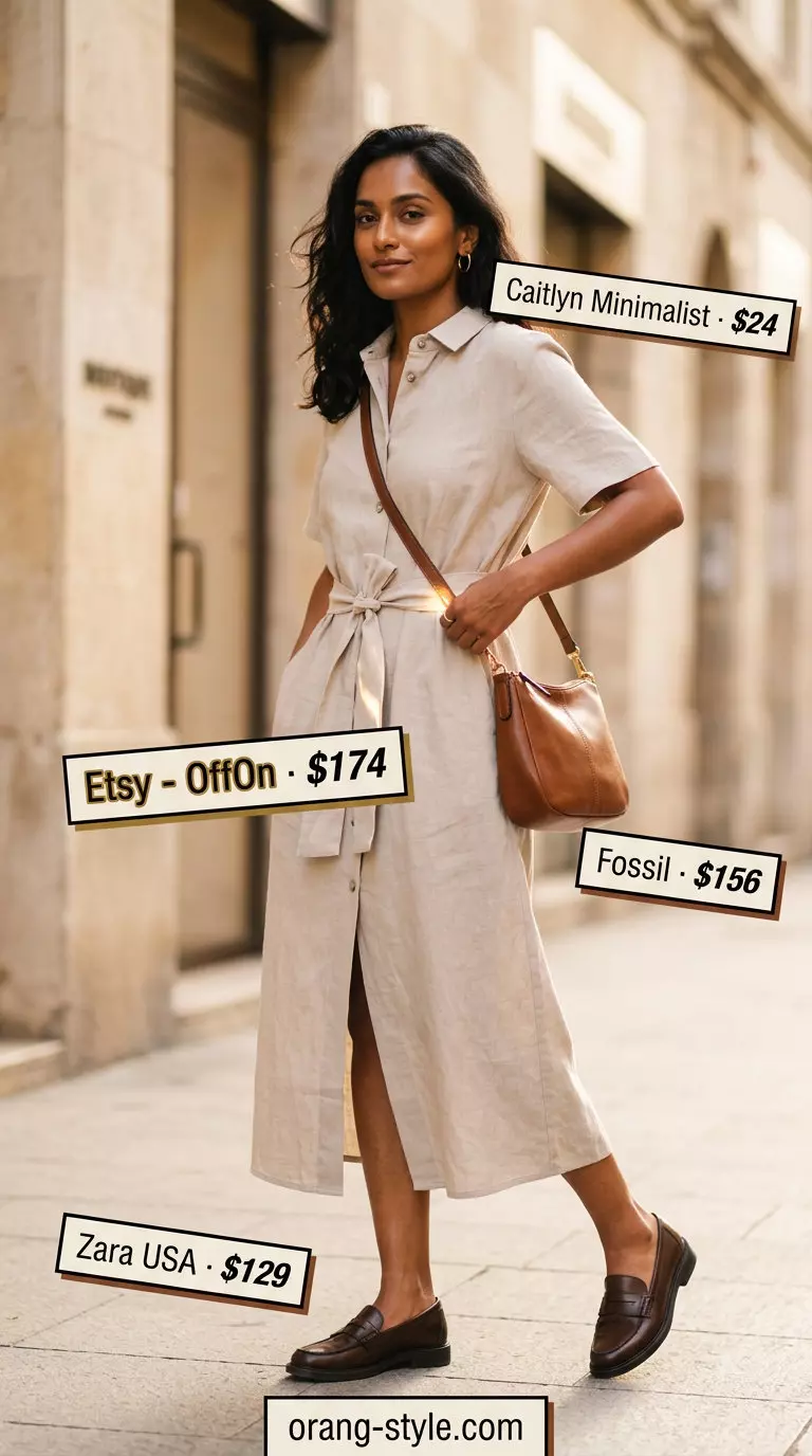 What to Wear with Midi Dress Summer 2026: Beige linen midi dress, brown loafers, tan crossbody for casual days.