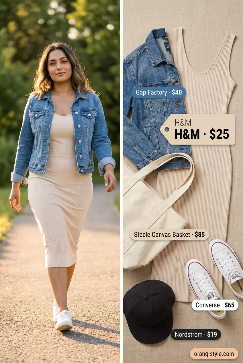 What to Wear with Midi Dress Summer 2026: Casual midi dress, sneakers, denim jacket & cap for weekend.