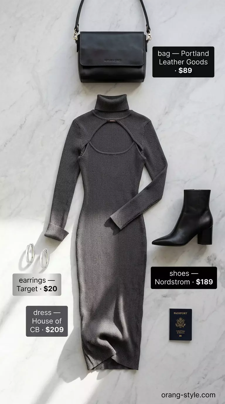 What to Wear with Midi Dress Summer 2026: Charcoal grey knit midi dress, ankle boots & silver hoops.