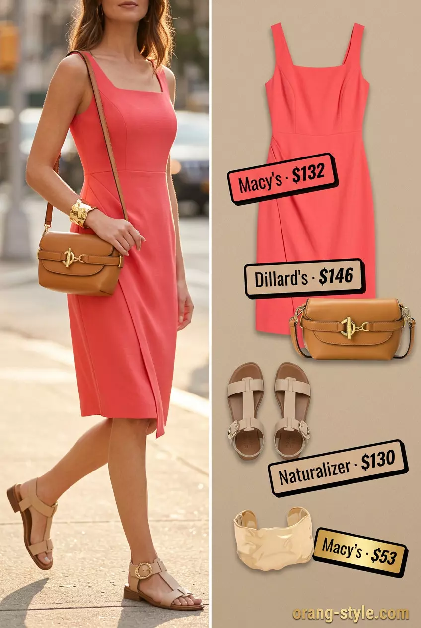 What to Wear with Midi Dress Summer 2026: Coral sheath dress, tan heels & gold bracelet.