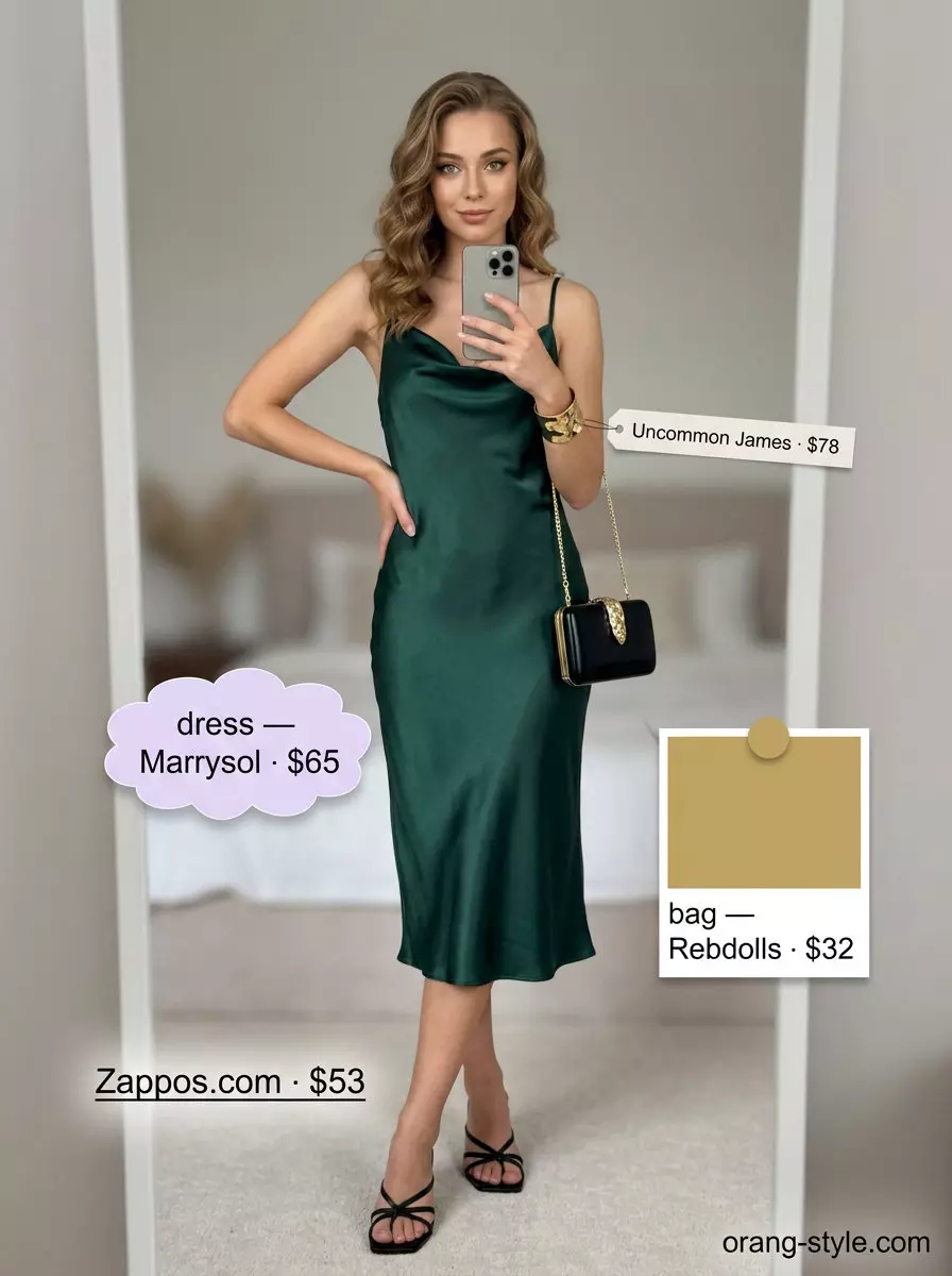 What to Wear with Midi Dress Summer 2026: Emerald green slip dress, gold cuff & strappy heels.