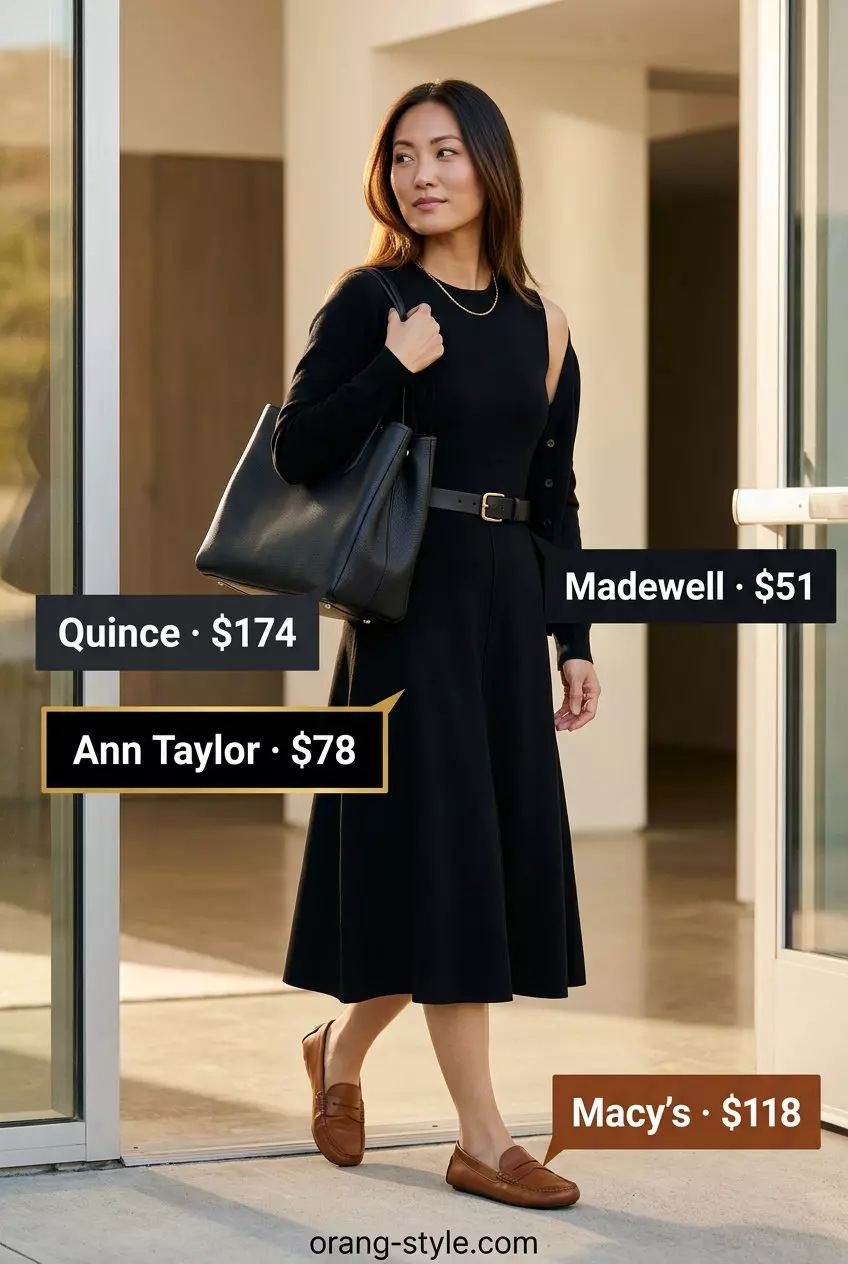 What to Wear with Midi Dress Summer 2026: Navy midi dress, white blouse, tan loafers, and black tote for office.