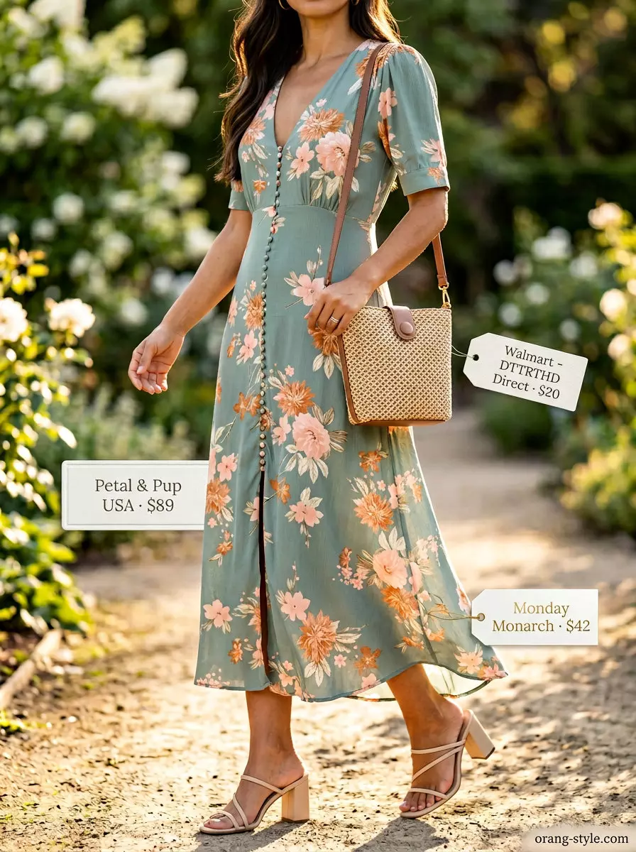 What to Wear with Midi Dress Summer 2026: Pastel floral midi dress, block heels & straw bag.