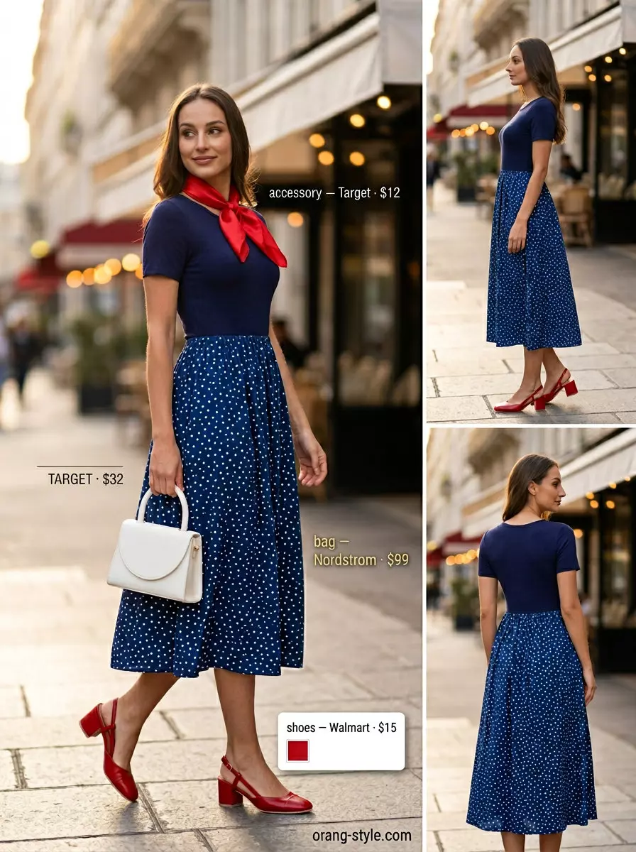 What to Wear with Midi Dress Summer 2026: Navy polka dot midi dress, red scarf & block heels for retro vibes.