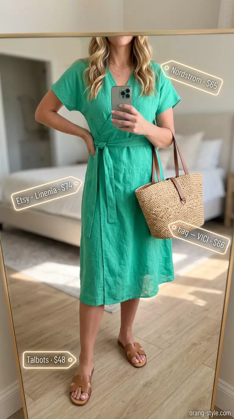 What to Wear with Midi Dress Summer 2026: Seafoam green linen midi dress, slide sandals & straw tote.