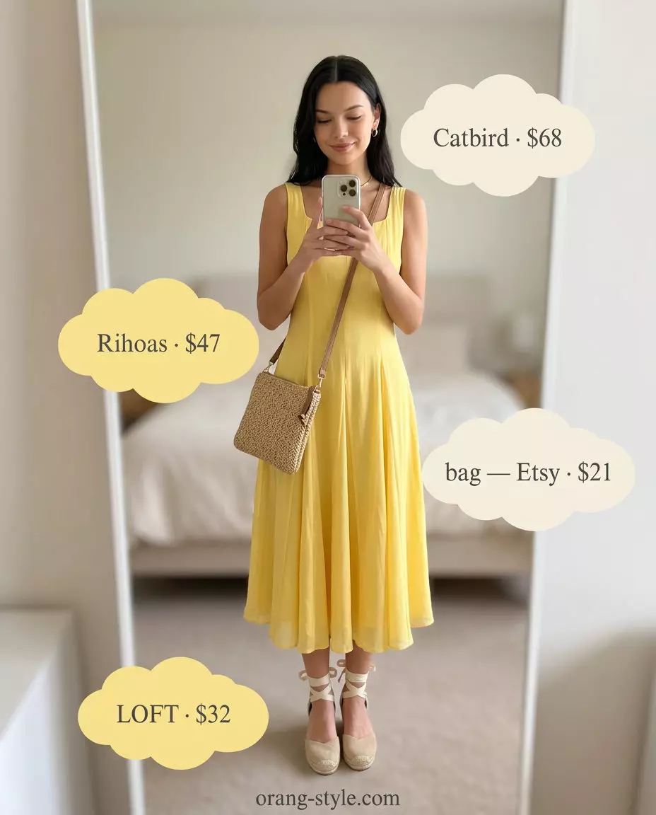 What to Wear with Midi Dress Summer 2026: Yellow midi dress, espadrilles & straw bag for summer brunch.