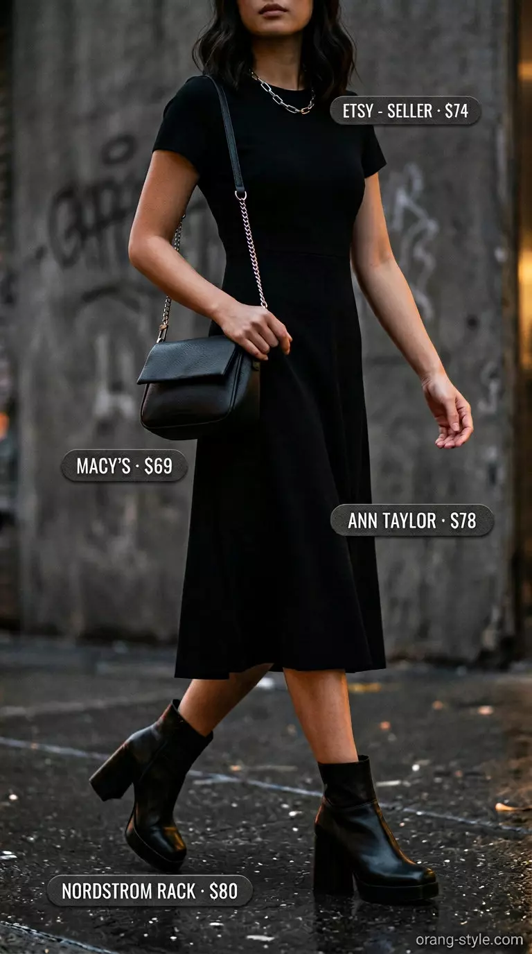 What to Wear with Midi Dress Summer 2026: Edgy khaki cargo midi dress with black boots & silver chain.