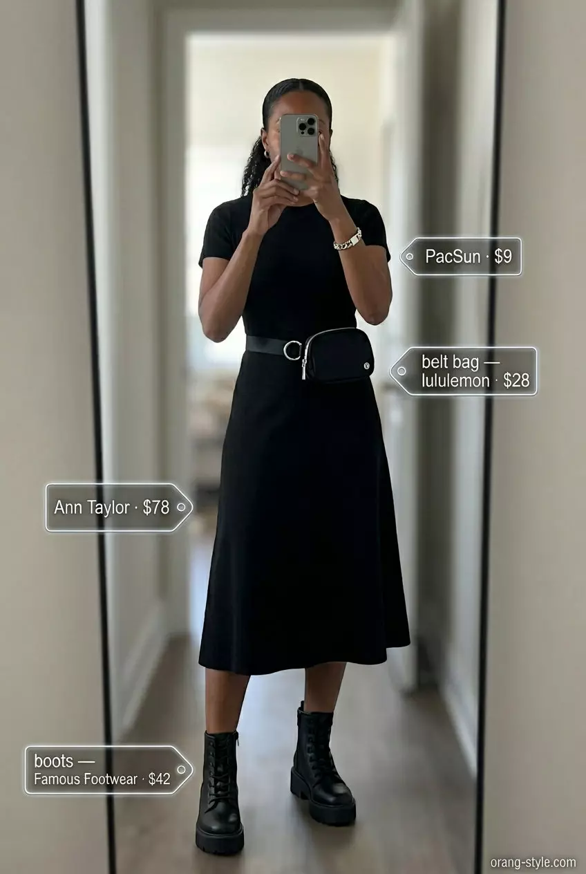 What to Wear with Midi Dress Summer 2026: Urban midi dress look with combat boots & belt bag.