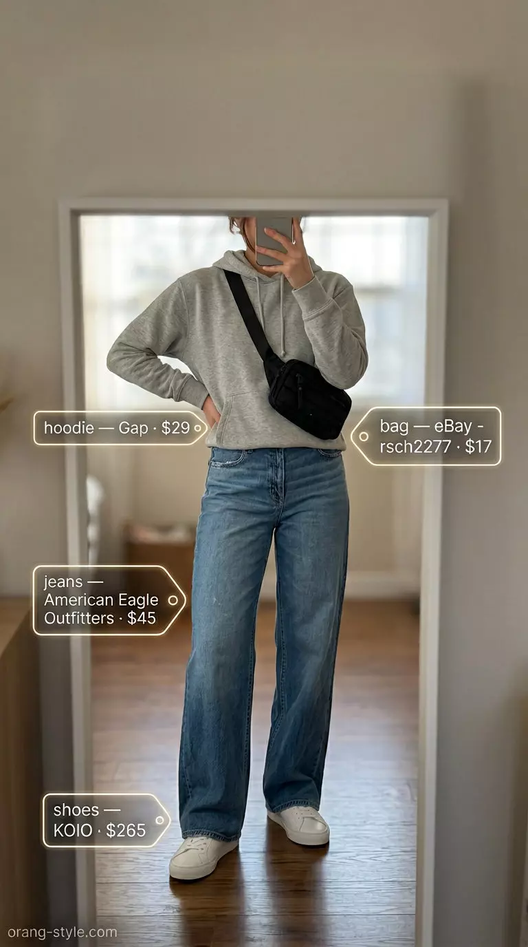 What to Wear with Wide Leg Jeans Summer 2026: Grey hoodie, denim jeans, white sneakers, belt bag.