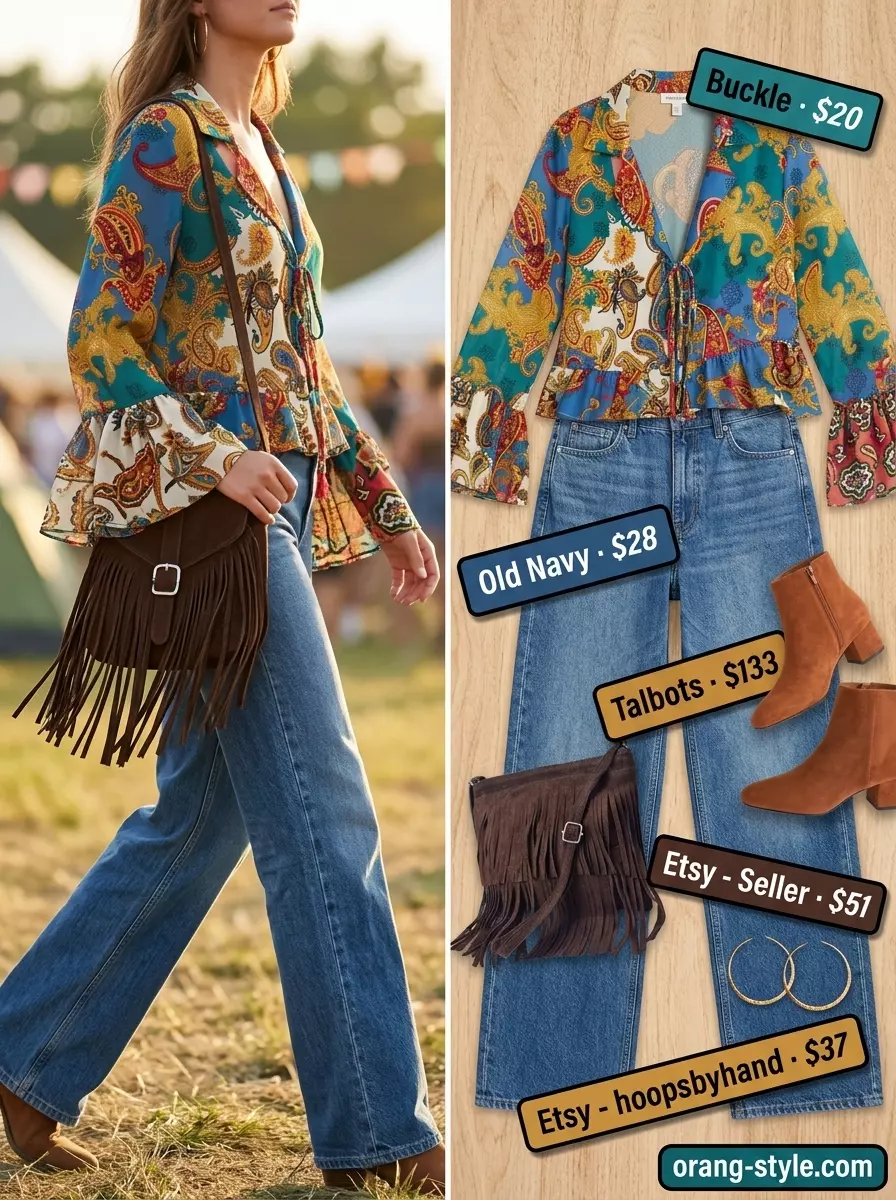 What to Wear with Wide Leg Jeans Summer 2026: Blue wide-leg jeans, floral peasant blouse, suede boots, fringe bag for bohemian style.