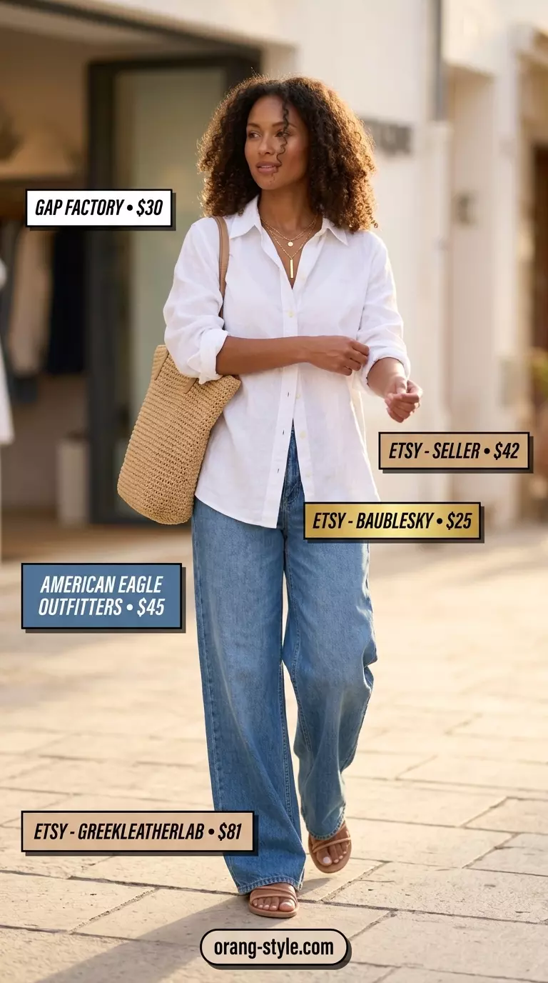 What to Wear with Wide Leg Jeans Summer 2026: Medium wash jeans, white linen shirt, straw tote, flat sandals for coastal breeze.