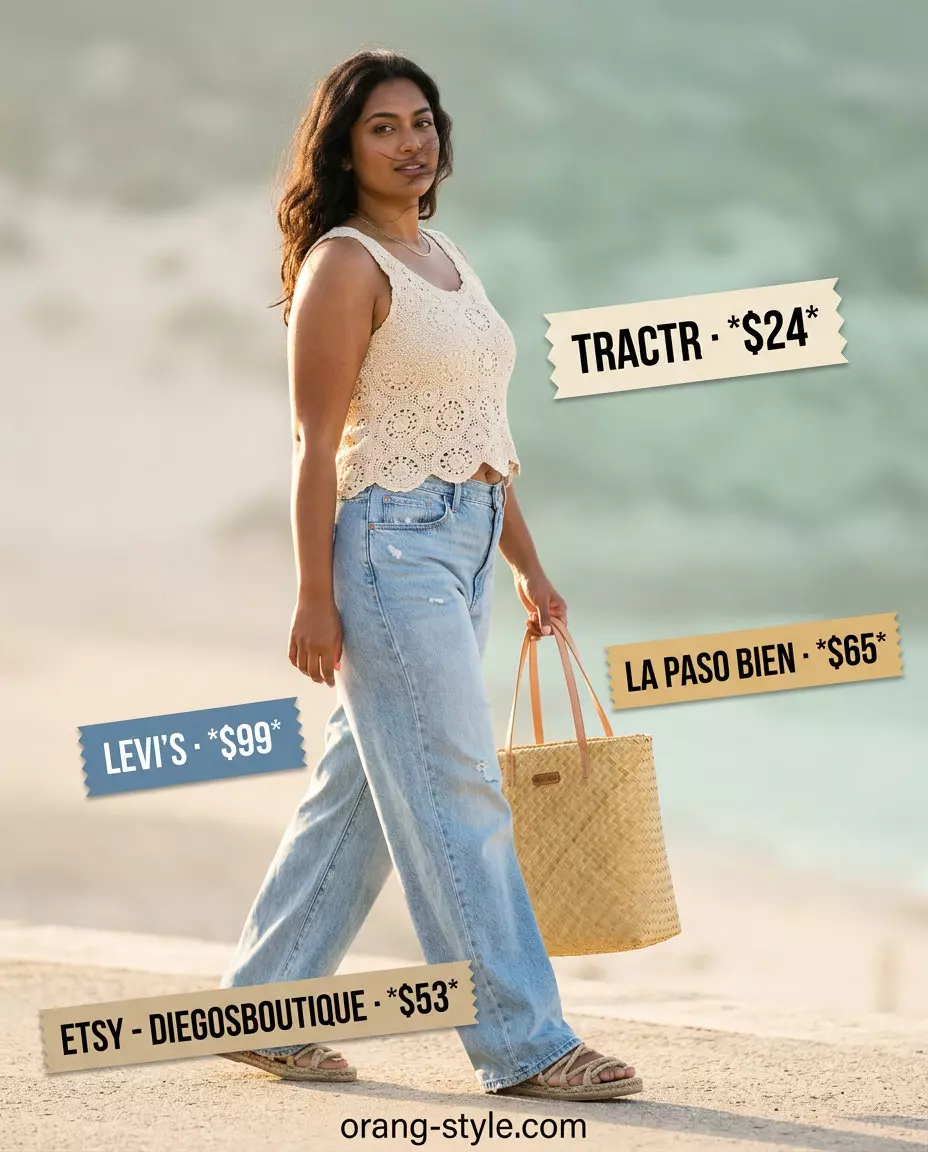 Coastal Breeze outfit: wide leg jeans, crochet crop top, espadrilles, straw tote. What to wear with wide leg jeans summer 2026.