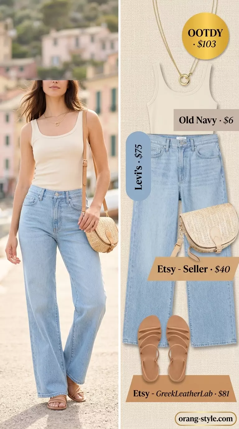 Coastal Breeze wide leg jeans outfit: light wash jeans, ribbed tank, flat sandals. What to wear with wide leg jeans summer 2026.