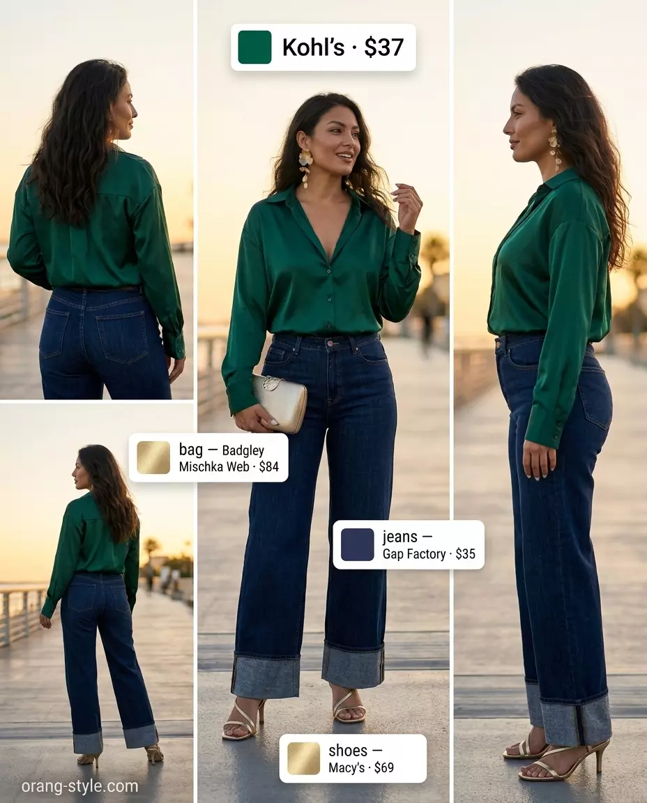 What to Wear with Wide Leg Jeans Summer 2026: Emerald green blouse, dark wash jeans, gold heels.