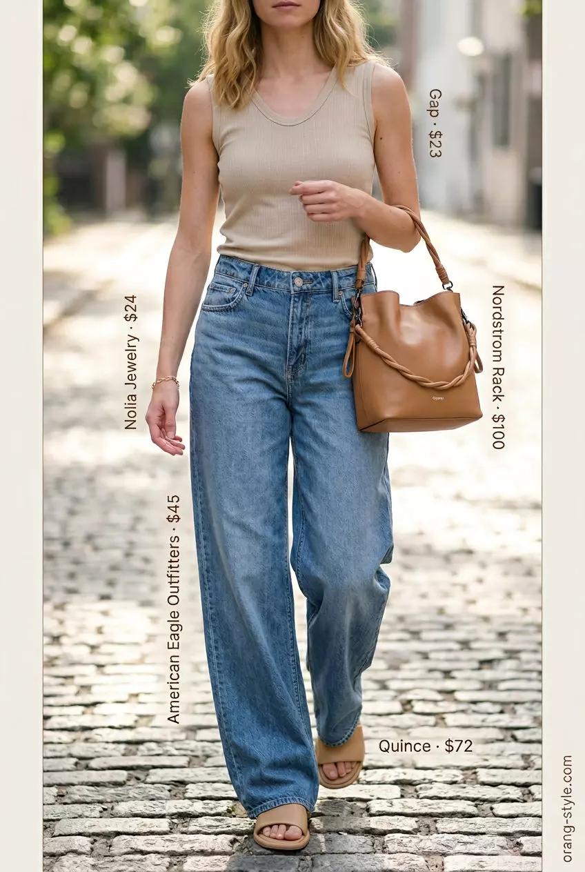 What to Wear with Wide Leg Jeans Summer 2026: Beige tank, denim jeans, tan slides, gold bracelet.