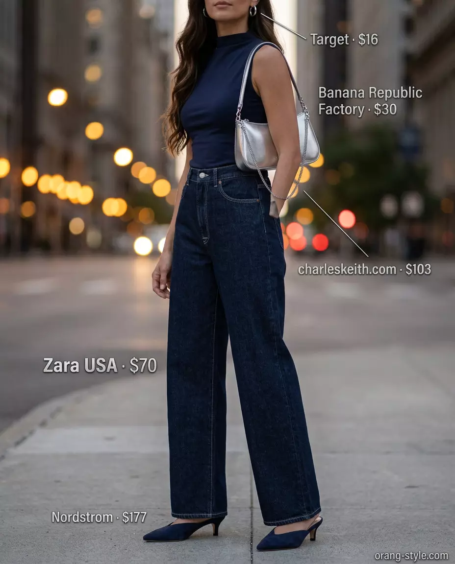 What to Wear with Wide Leg Jeans Summer 2026: Indigo wide-leg jeans, navy mock neck top, silver mules for monochrome chic.