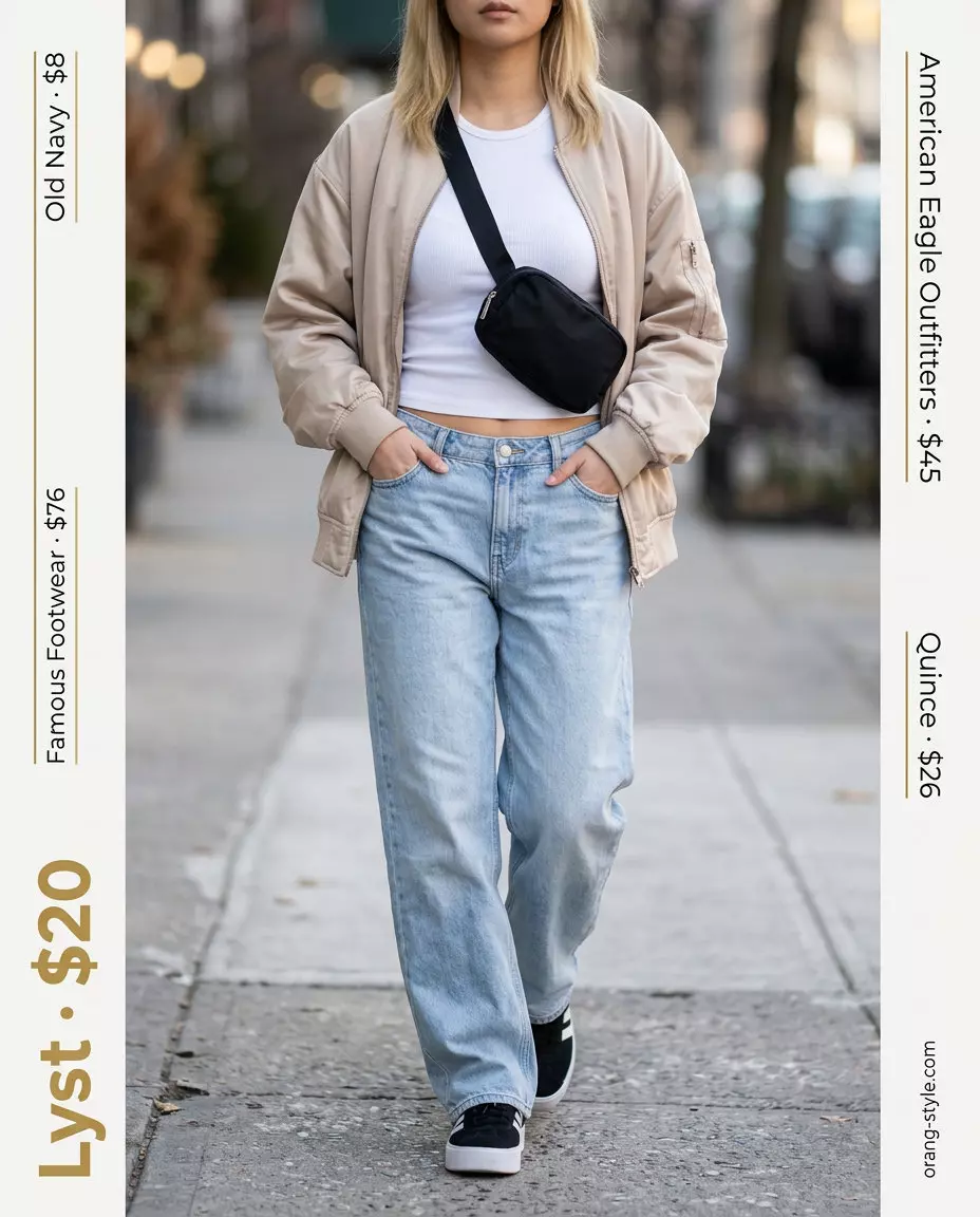 What to Wear with Wide Leg Jeans Summer 2026: Light wash jeans, white tank, bomber jacket, platform sneakers for retro cool.