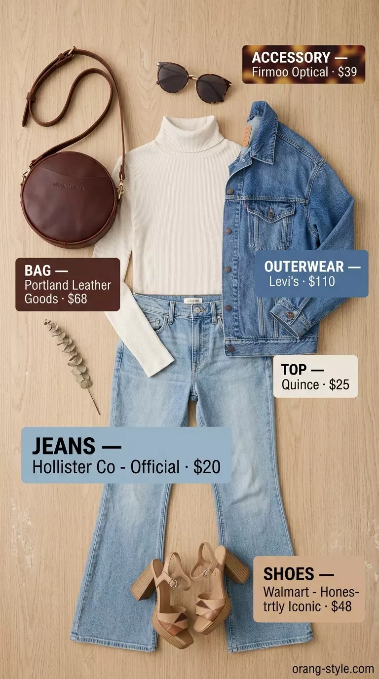 What to Wear with Wide Leg Jeans Summer 2026: Cream turtleneck, light wash jeans, denim jacket.