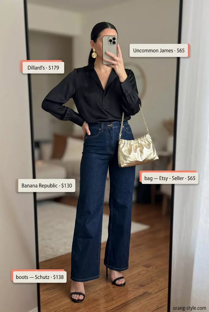 What to Wear with Wide Leg Jeans Summer 2026: Black silk blouse, dark wash jeans, gold earrings.