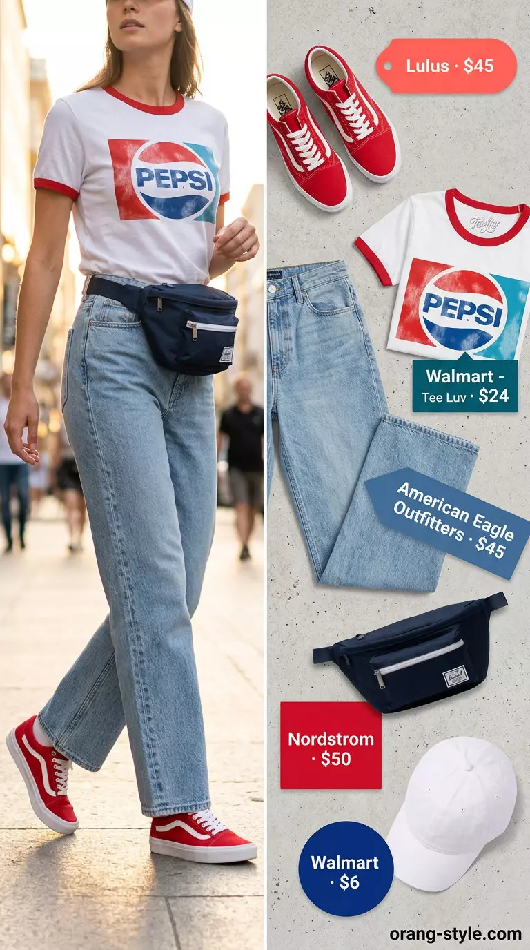 What to Wear with Wide Leg Jeans Summer 2026: Red sneakers, graphic tee, denim jeans, white cap.