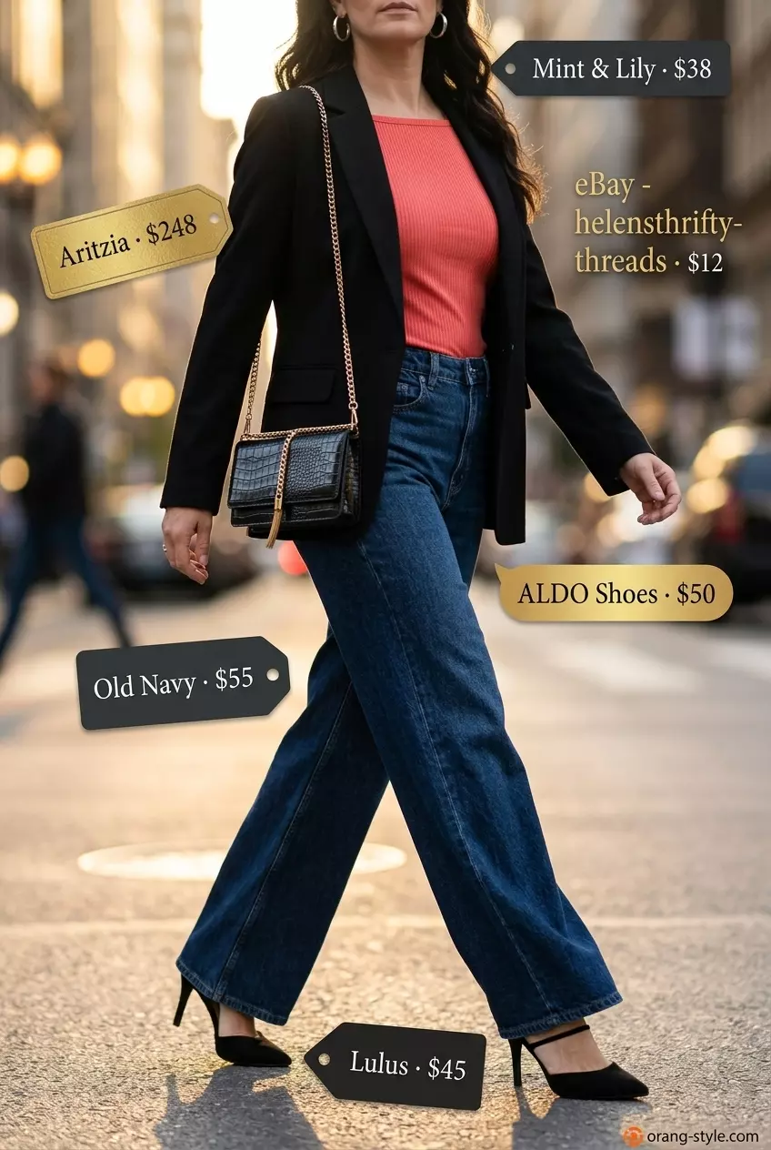 What to Wear with Wide Leg Jeans Summer 2026: Coral crop top, dark wash jeans, black blazer, gold hoops for city exploration.