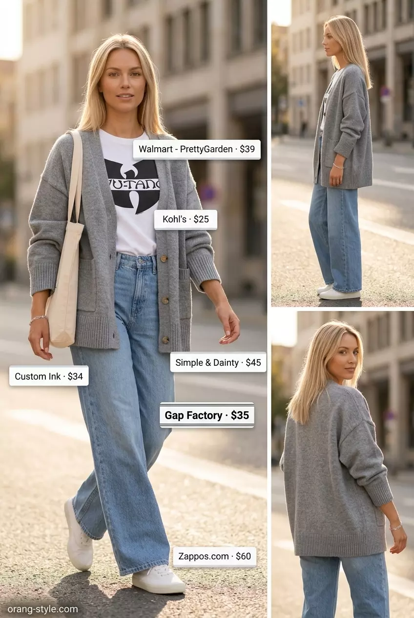 What to Wear with Wide Leg Jeans Summer 2026: Light wash jeans, graphic tee, grey cardigan, canvas sneakers for weekend casual.