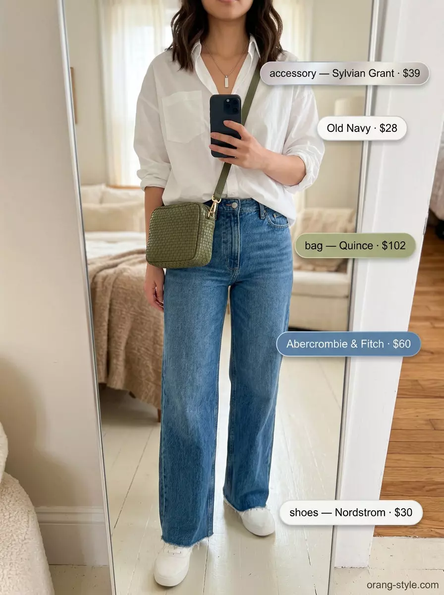 What to Wear with Wide Leg Jeans Summer 2026: White shirt, denim jeans, olive green bag, sneakers.