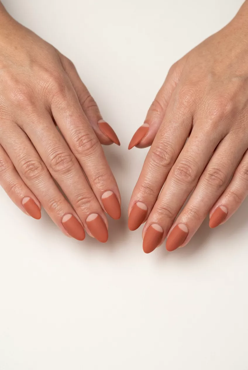 Modern Matte Nails 2026: Terracotta Reverse French Matte terracotta reverse French nails for summer matte nails 2026. Earthy and modern for work.
