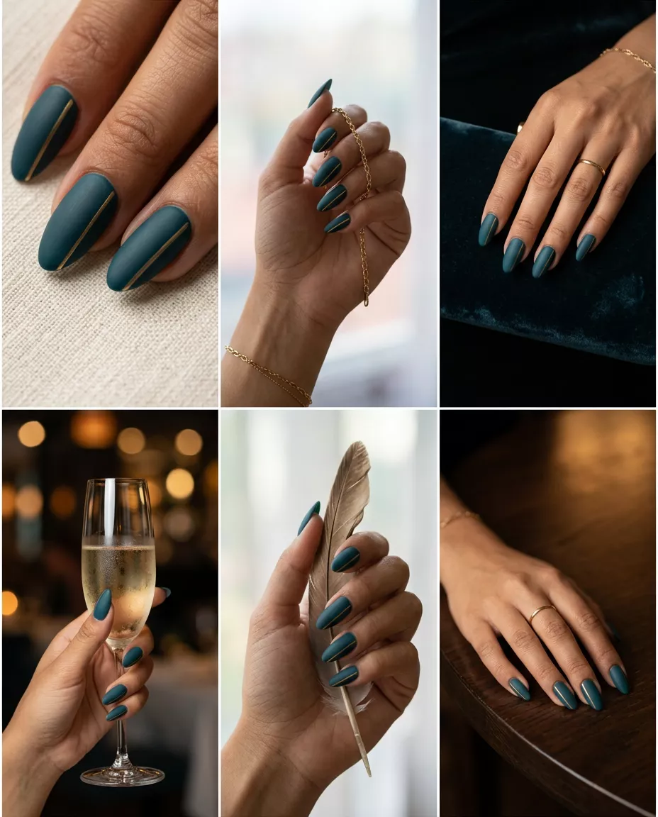 Summer Matte Nails 2026: Art Deco Teal & Gold Summer matte nails 2026: Deep teal with matte gold Art Deco lines on long almond nails for formal events.