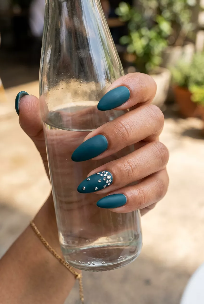 Glamorous Matte Nails 2026: Teal Crystal Stiletto Matte deep teal stiletto nails with crystal accent for summer matte nails 2026. Glamorous for parties.