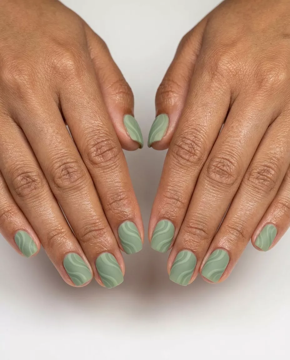 Sage Green Matte Swirls Manicure 2026 Earthy sage green matte swirl manicure for summer 2026, perfect for casual weekend brunch and outdoor markets.